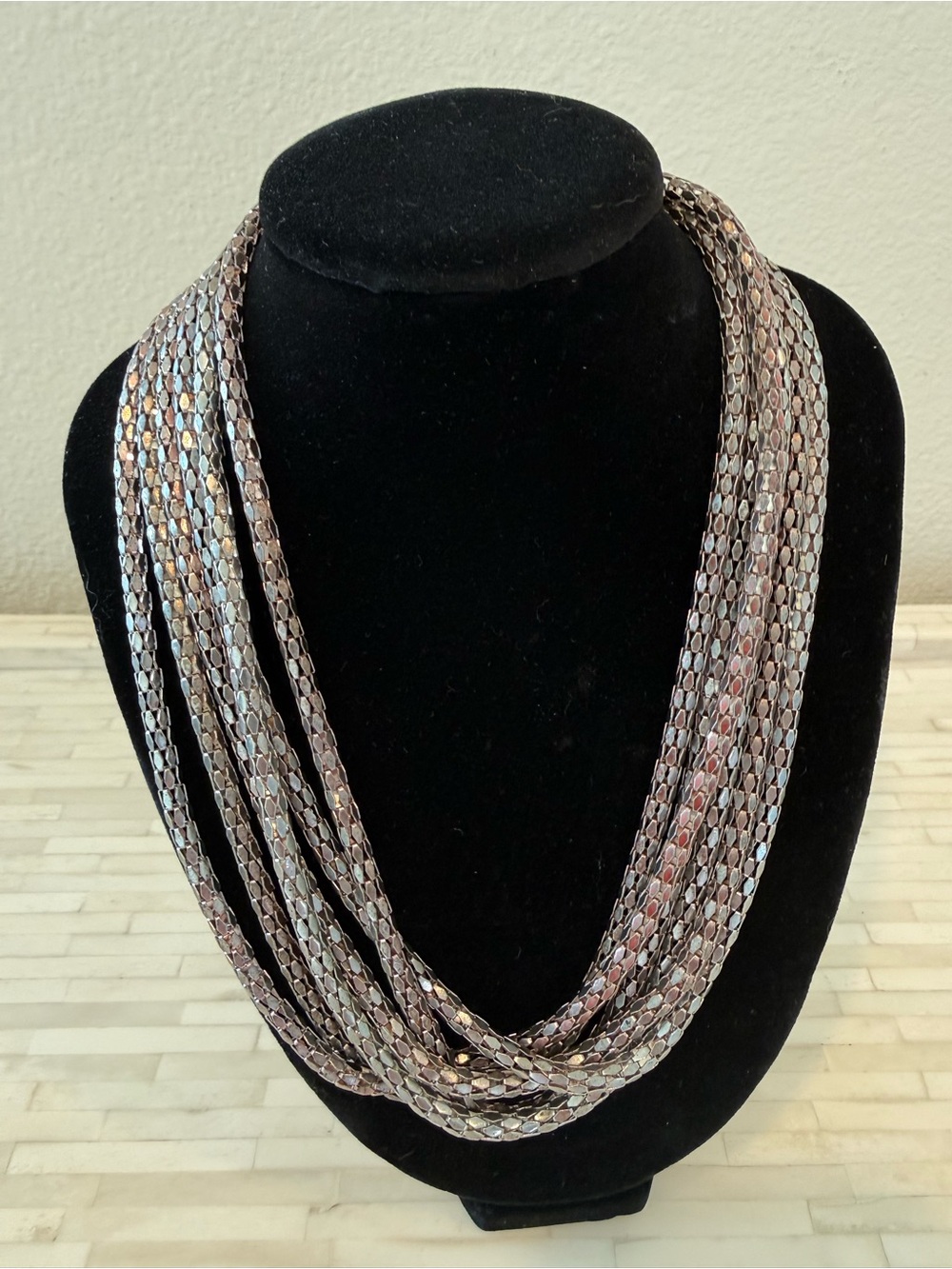 Multi-Strand Metallic Necklace in Rose Gold and Silver